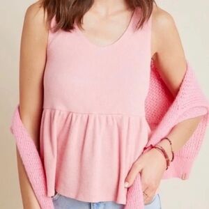 T. La for Anthropologie Peachy Pink Scoop Neck Soft Ribbed Peplum Tank Top Large